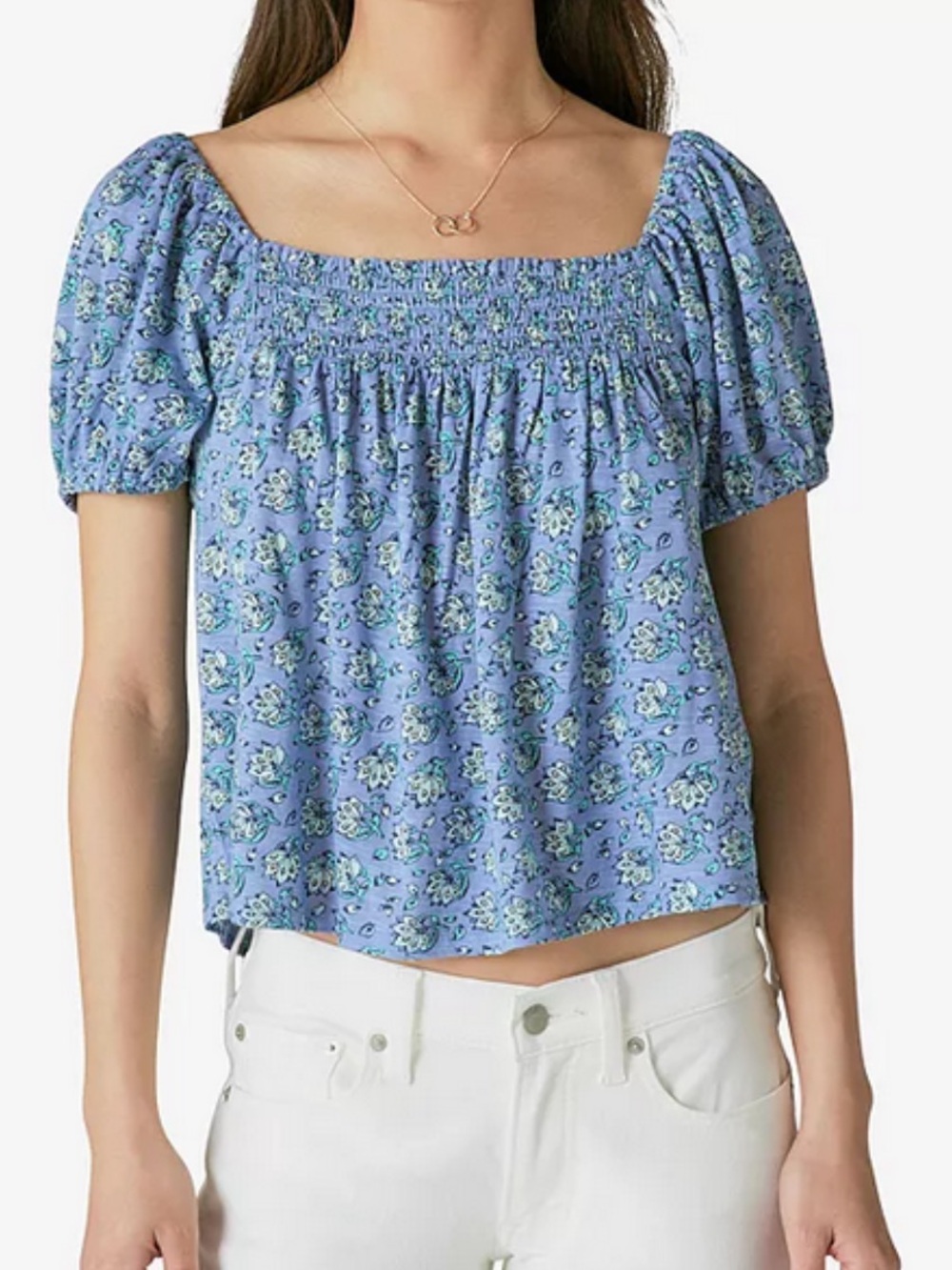 Medium Lucky Brand Blue Floral Smocked Puff Sleeve Top